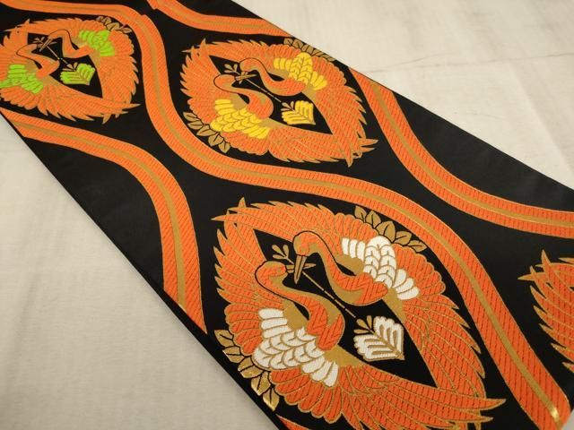 平和屋着物∵子供　全通柄袋帯　唐織　立涌向い鶴文　黒地　金糸　未使用　AABE2170ja