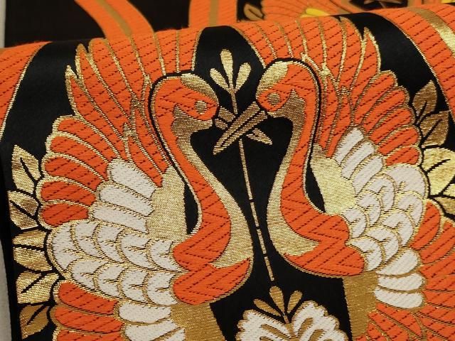 平和屋着物∵子供　全通柄袋帯　唐織　立涌向い鶴文　黒地　金糸　未使用　AABE2170ja