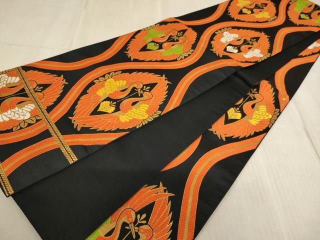 平和屋着物∵子供　全通柄袋帯　唐織　立涌向い鶴文　黒地　金糸　未使用　AABE2170ja