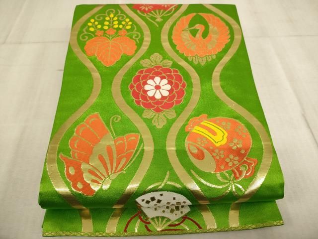 平和屋着物∵子供 全通柄袋帯 唐織 立涌花蝶鶴文 金糸 ja