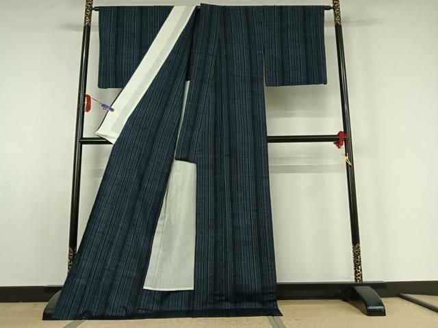  平和屋着物▽上質な紬 単衣 縞 ロング丈 正絹 jh 紬 着物