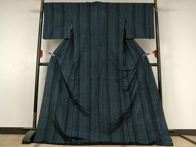 平和屋着物▽上質な紬 単衣 縞 ロング丈 正絹 jh