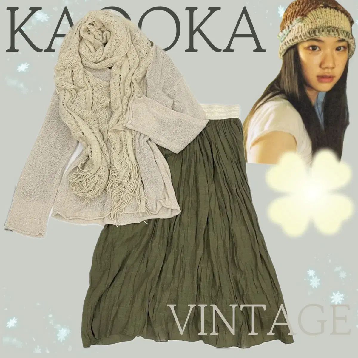 日本 ヴィンテージ 抹茶 エスニック 森ガール グリーン ニット マフラー スカート コーディネートセット