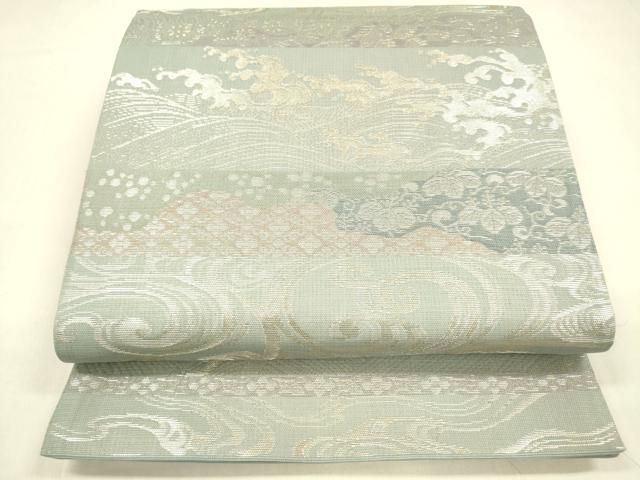 平和屋着物＊夏物 六通柄袋帯 流水唐草文 銀糸 正絹 cm