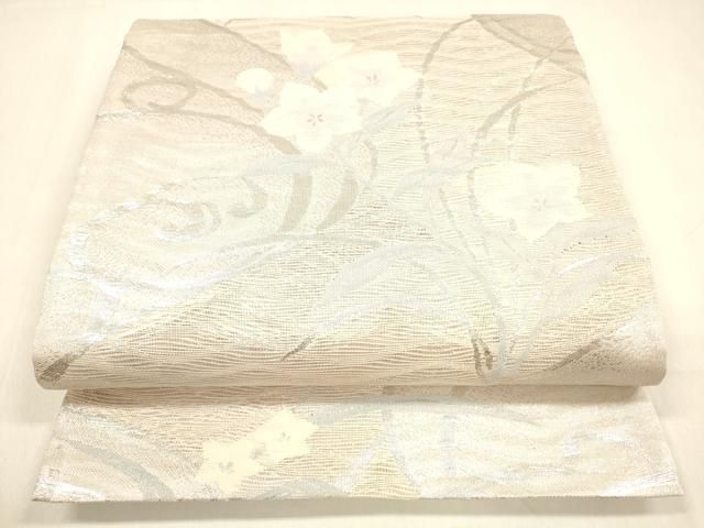 平和屋着物＊夏物 六通柄袋帯 流水花文 銀糸 正絹 cm