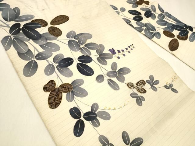 平和屋着物＊夏物 アンティーク 大正ロマン 九寸名古屋帯 絽縮緬 駒刺繍 草葉文 正絹 cm