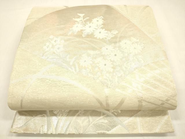 平和屋着物＊夏物 六通柄袋帯 扇面草花文 銀糸 正絹 cm