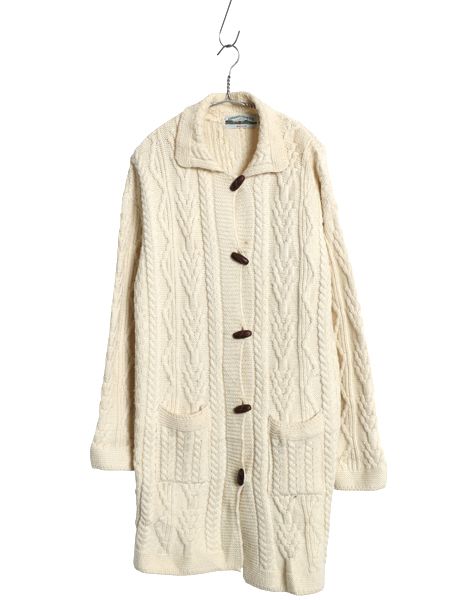 な ! アイルランド製 aran crafts フィッシャーマン ロング ニット カーディガン レディース S アラン ケーブル メリノ ウール セーター 前開き