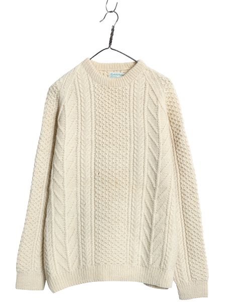 な ! 80 s アイランド製 フィッシャーマン ウール ニット セーター メンズ M L ヴィンテージ ハンドメイド ケーブル ローゲージ ナチュラル 無地