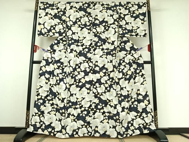 平和屋着物▽上質な小紋 単衣 胡蝶蘭 黒地 金彩 正絹 jh