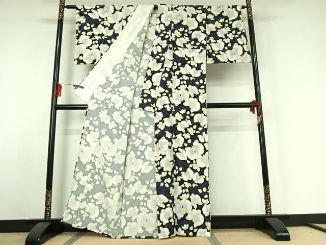 平和屋着物▽上質な小紋 単衣 胡蝶蘭 黒地 金彩 正絹 jh