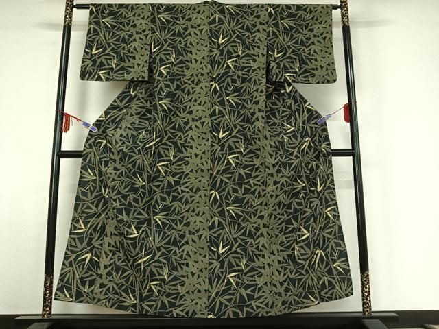 平和屋着物▽上質な小紋 単衣 笹の葉文 黒地 正絹 jh