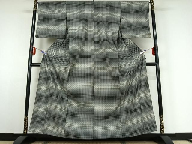 平和屋着物▽上質な紬 単衣 花織 横段文 正絹 jh