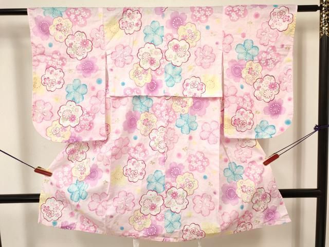 平和屋着物∴夏物 綿紅梅 浴衣 子供 女の子 ３歳 舞桜花文 金彩 綿 ma