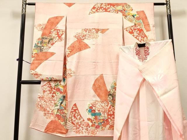 平和屋着物 七五三 女の子 ７歳 祝着 四つ身 長襦袢 無双仕立て セット 駒刺繍 扇面御所車花文 暈し染め 金彩 ma