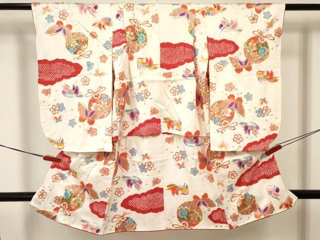 平和屋着物 七五三 女の子 ３歳 祝着 三つ身 絞り 舞蝶鴛鴦鞠花文 金彩 ma