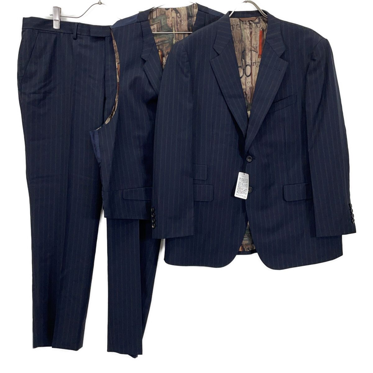 PaulSmith ポールスミス ﾈｲﾋﾞｰ ｸﾞﾘｰﾝ ｳｰﾙ ｽﾄﾗｲﾌﾟ 3 Pｽｰﾂ XL 100