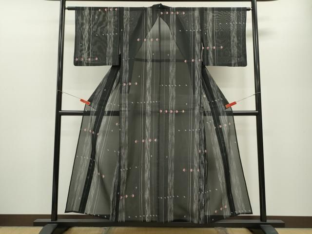 平和屋着物＊夏物 小紋 絽 燕竹間道 黒地 洗える着物 ze