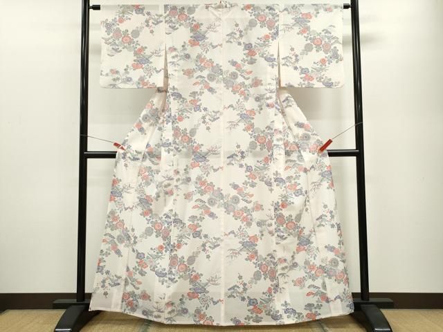 平和屋着物＊夏物 小紋 絽 型染め 松竹梅枝花文 洗える着物 ze