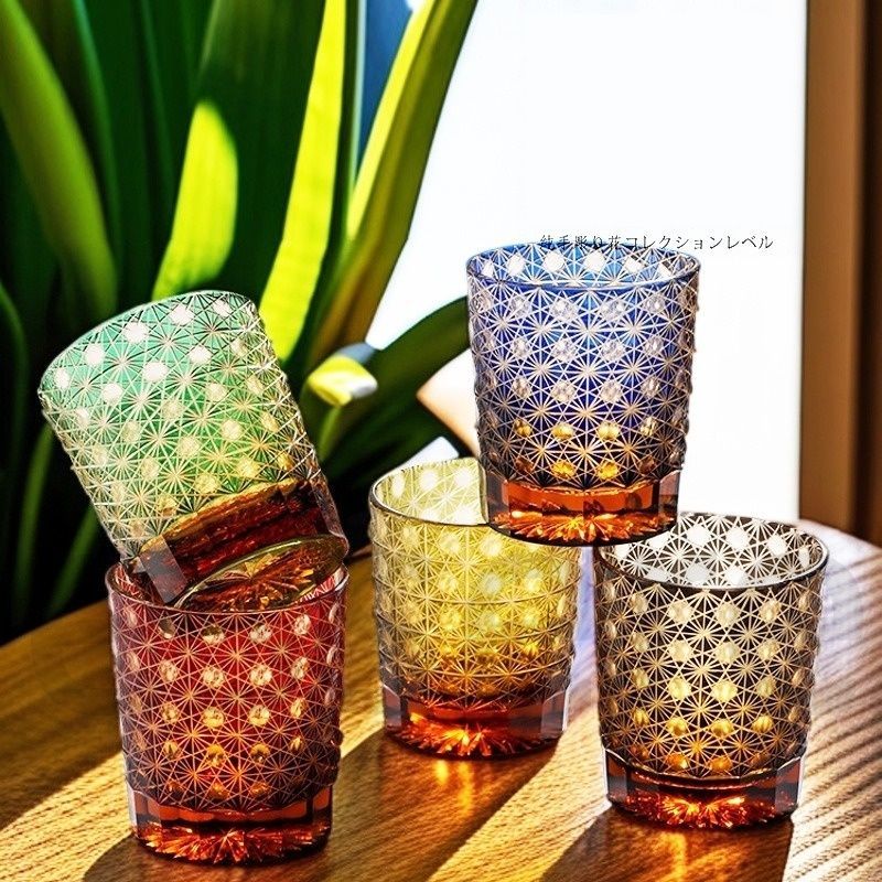 職人手彫り 江戸切子 グラス コップ クリスタルタンブラー 5点まとめて 琥珀色 木箱入り 232 ml 日式 還暦 敬老 引き出物 ギフト 感 ロック 冷酒 焼酎 日本酒 洋酒対応