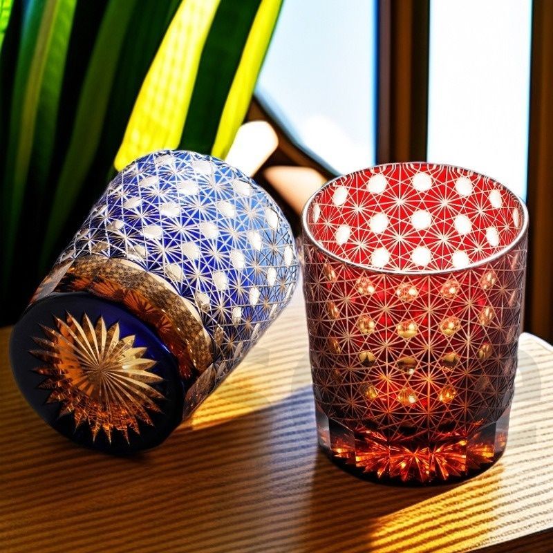 職人手彫り 江戸切子 グラス コップ クリスタルタンブラー 5点まとめて 琥珀色 木箱入り 232 ml 日式 還暦 敬老 引き出物 ギフト 感 ロック 冷酒 焼酎 日本酒 洋酒対応