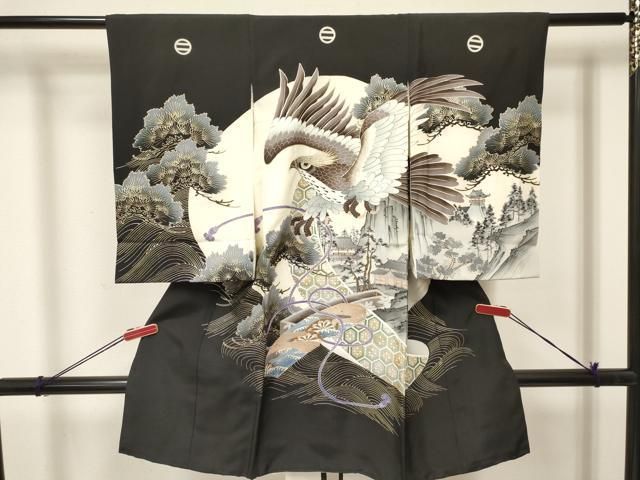 平和屋着物 お宮参り 男の子 祝着 産着 初着 のしめ 駒刺繍 鷹 鷲 絵巻片輪車松文 金銀彩 ma