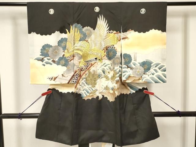 平和屋着物 お宮参り 男の子 祝着 産着 初着 のしめ 刺繍 鷹 鷲 唐獅子 立波松文 暈し染め 金彩 ma