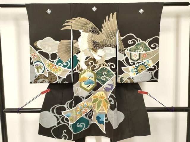 平和屋着物 お宮参り 男の子 祝着 産着 初着 のしめ 鷹 鷲 熨斗吉祥花唐草文 金銀彩 ma