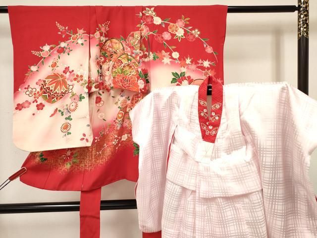 平和屋着物 七五三 女の子 ３歳 祝着 三つ身 長襦袢 袷 半衿刺繍 セット 鼓花文 暈し染め 金彩 ma