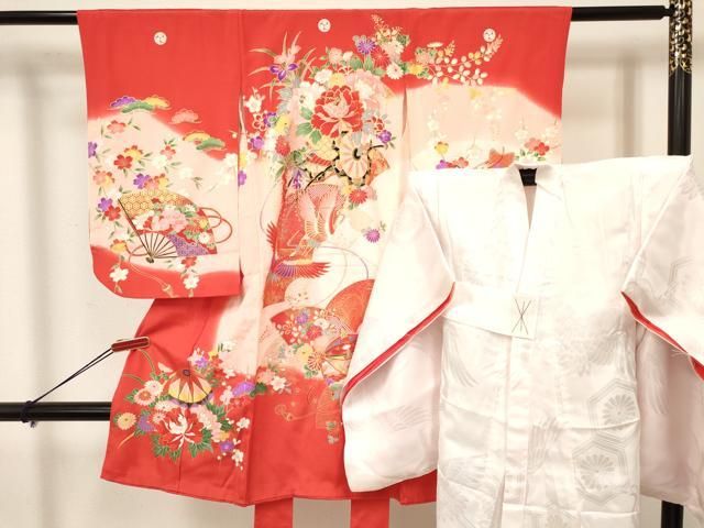 平和屋着物 七五三 女の子 ３歳 祝着 三つ身 長襦袢 袷 セット 鞠 糸車飛鶴花車文 暈し染め 金彩 ma