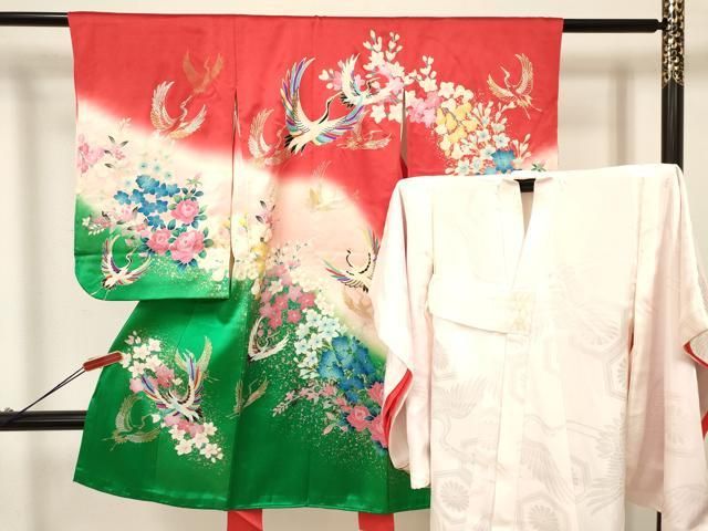 平和屋着物 七五三 女の子 ３歳 祝着 三つ身 長襦袢 袷 セット 飛鶴花文 暈し染め 金銀彩 ma