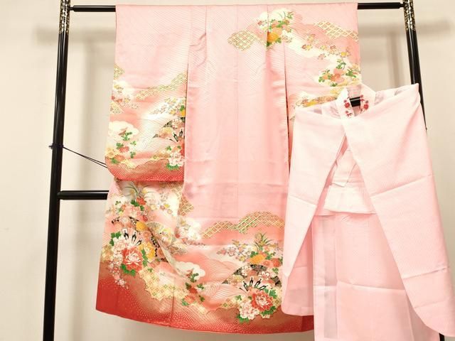 平和屋着物 七五三 女の子 ７歳 祝着 四つ身 長襦袢 単衣 セット 片輪車牡丹花文 暈し染め 金彩 ma