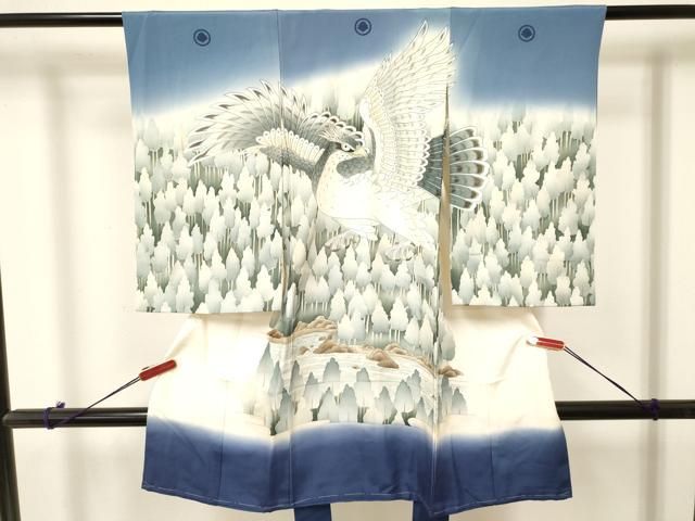 平和屋着物 お宮参り 男の子 祝着 産着 初着 のしめ 鷹 鷲 樹林風景文 暈し染め 金彩 ma