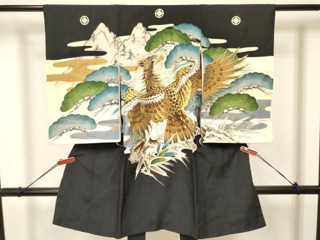 平和屋着物 お宮参り 男の子 祝着 産着 初着 のしめ 刺繍 鷹 鷲 立波笹松文 金彩 ma
