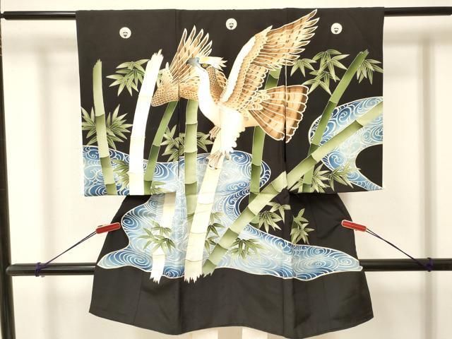 平和屋着物 お宮参り 男の子 祝着 産着 初着 のしめ 駒刺繍 鷹 鷲 流水笹竹文 金彩 ma