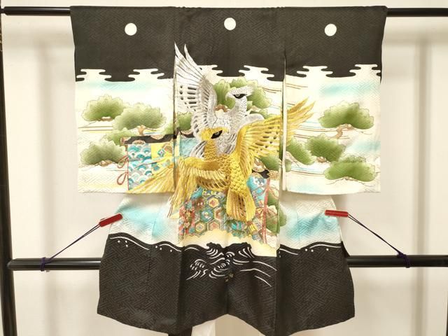 平和屋着物 お宮参り 男の子 祝着 産着 初着 のしめ 刺繍 鷹 鷲 几帳松文 暈し染め 金彩 ma