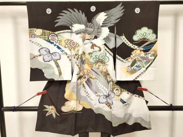 平和屋着物 お宮参り 男の子 祝着 産着 初着 のしめ 鷹 鷲 熨斗笹桐松文 暈し染め 金彩 ma