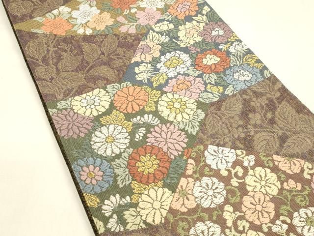 平和屋着物▽スリーシーズン 春夏秋 六通柄袋帯 唐織 松皮取草花文 金糸 正絹 cm