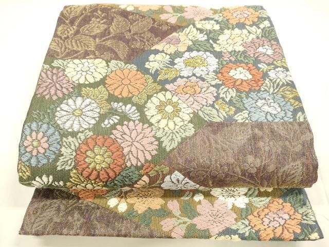 平和屋着物▽スリーシーズン 春夏秋 六通柄袋帯 唐織 松皮取草花文 金糸 正絹 cm