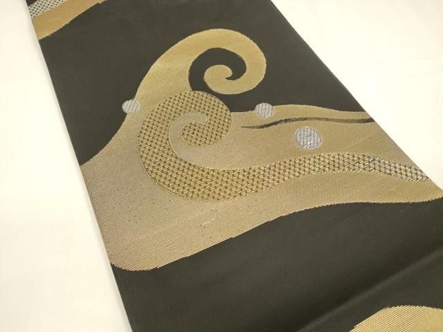 平和屋着物＊夏物 六通柄 本袋帯 流水文 黒地 金銀糸 正絹 逸品