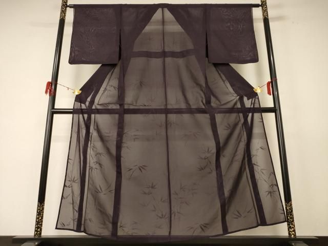 平和屋着物＊夏物 色無地 笹紋紗 黒紅色 正絹 jd