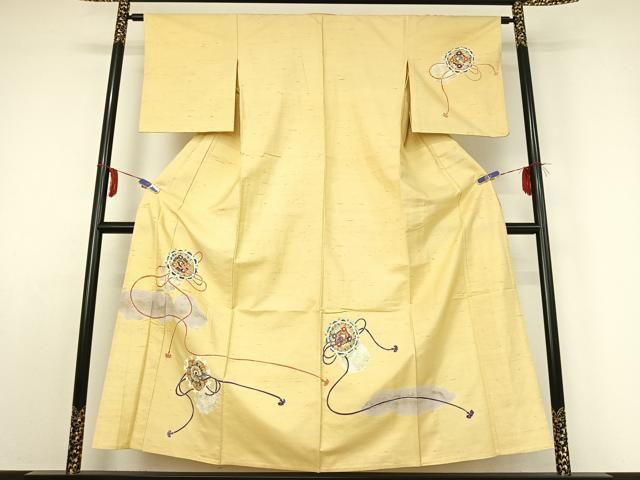 平和屋着物▽訪問着 単衣 紬地 正倉院花文 金彩 正絹 jh