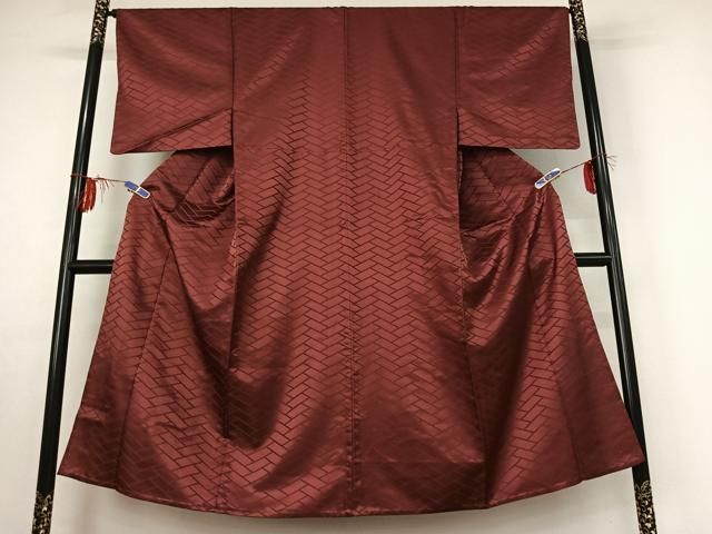 平和屋着物▽男性 色無地 単衣 檜垣地紋 浅蘇芳色 正絹 jh