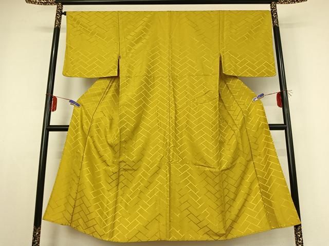 平和屋着物▽男性 単衣 檜垣地紋 金糸雀色 正絹 逸品 AABE1586jh