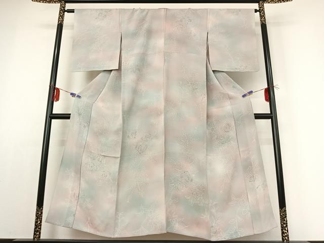 平和屋着物▽上質な小紋 単衣 草花文 暈し染め 鬼しぼ縮緬 正絹 jh