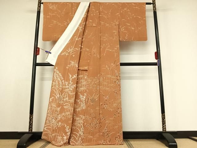 平和屋着物▽訪問着 単衣 笹竹梅文 鬼しぼ縮緬 正絹 jh