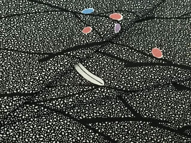平和屋着物▽小紋 単衣 枝花文 黒地 洗える着物 jh