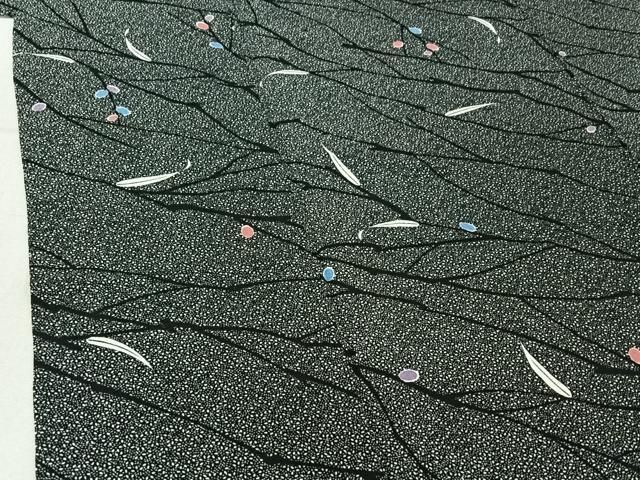  平和屋着物▽小紋 単衣 枝花文 黒地 洗える着物 jh 小紋 着物