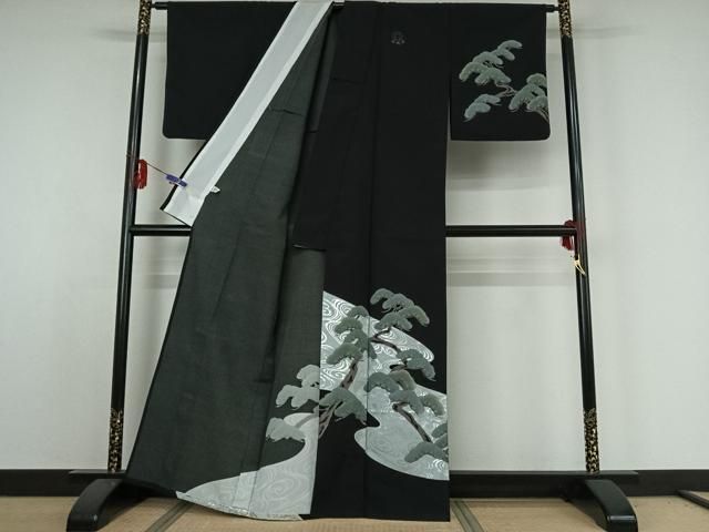 平和屋着物▽訪問着 単衣 流水松文 黒地 金銀彩 洗える着物 jh