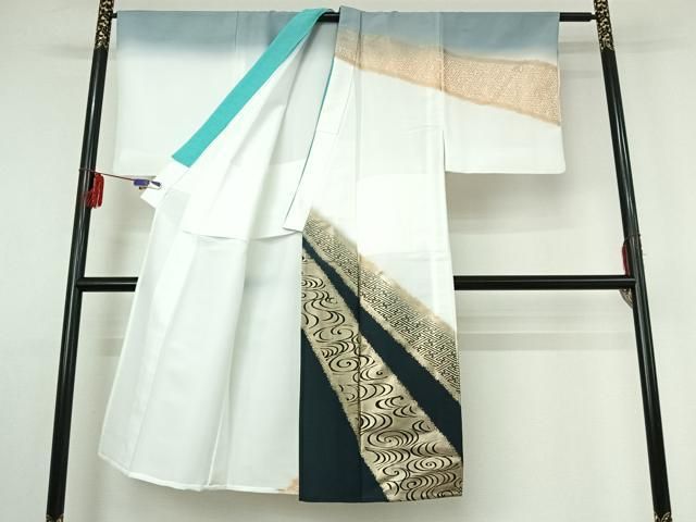 平和屋着物▽男性 訪問着 単衣 流水文 暈し染め 金彩 洗える着物 jh